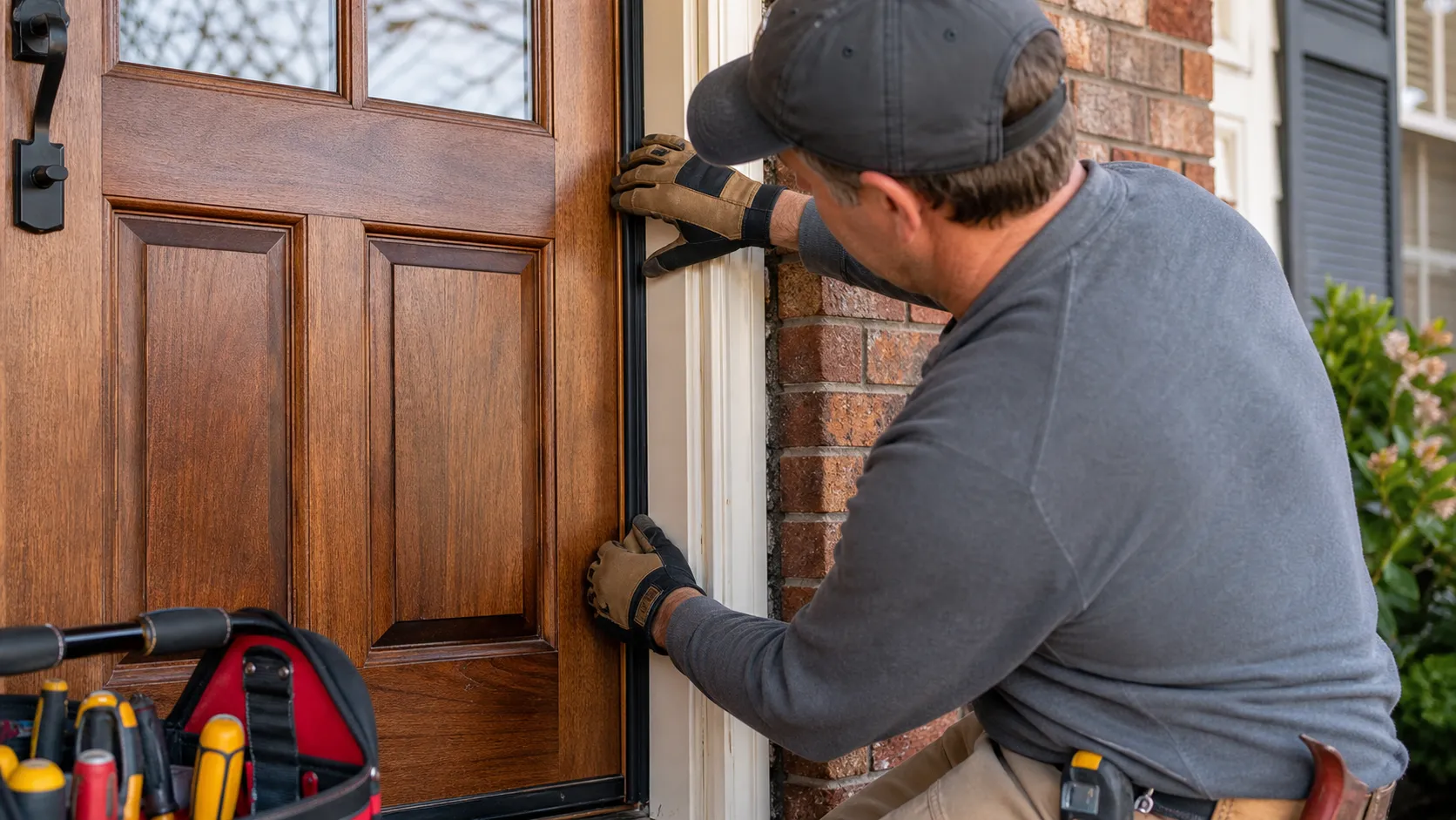 Handyman fitting weatherstripping around an exterior door