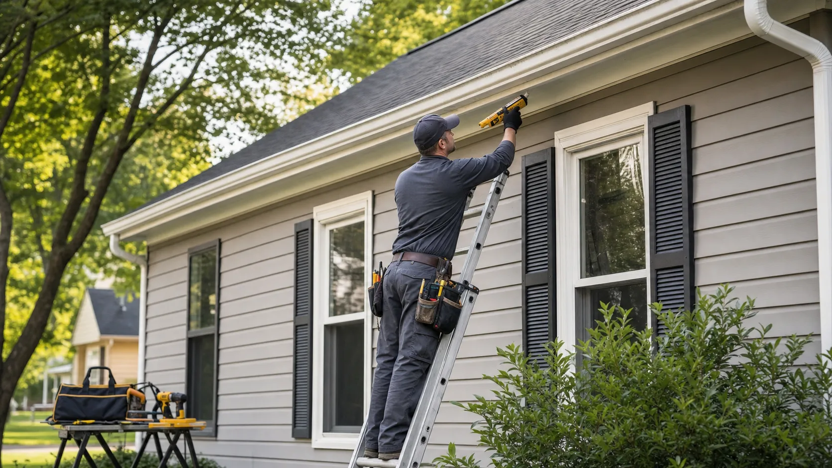 Handyman completing preventive maintenance on exterior trim