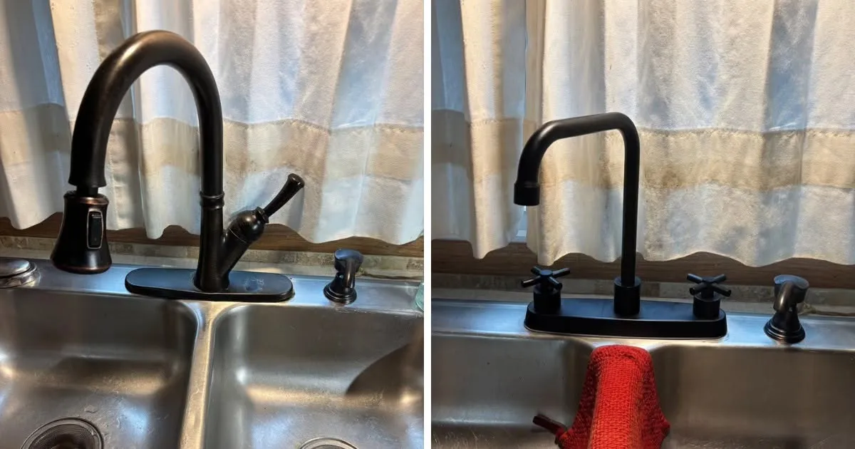 Before and after faucet replacement: the original kitchen faucet is on the left and the updated black faucet with matching handles is on the right