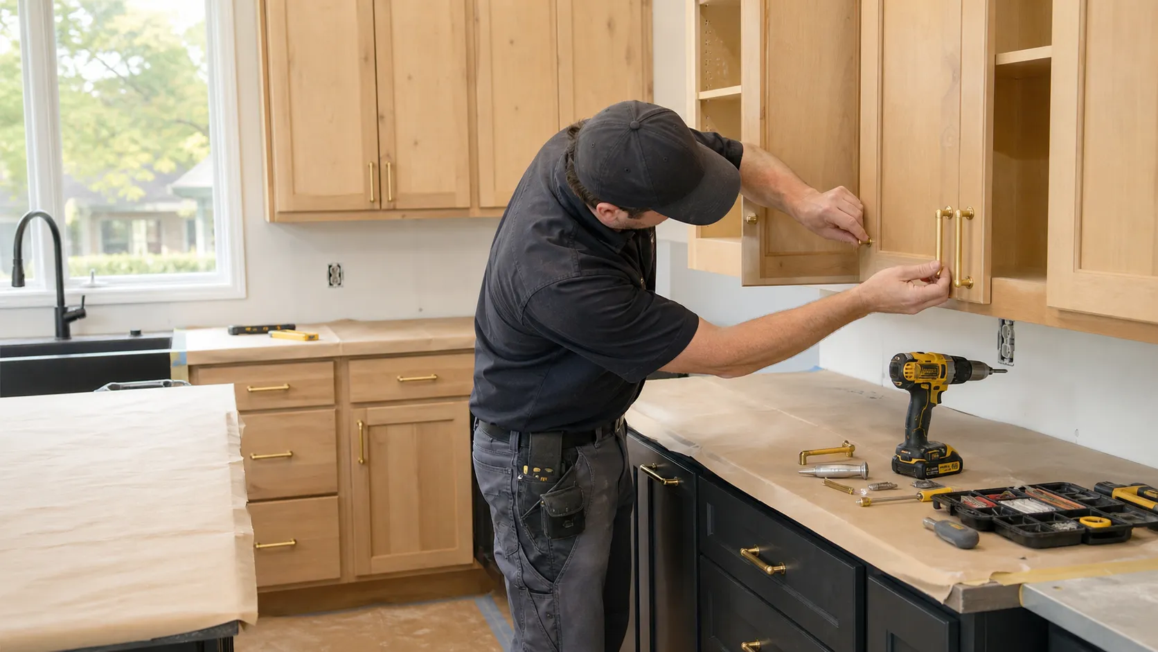 Handyman installing cabinet hardware in a kitchen